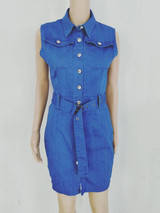 New Dark Blue Belt Pockets Single Breasted Deep V-neckBodycon Denim Casual Mini Dress
