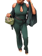New Green Cut Out Belt Bell Sleeve Bodycon Wide Leg Palazzo Party Long Jumpsuit