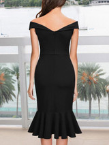 New Navy Blue Off Shoulder Ruffle Side Slits Backless Irregular Bodycon Mermaid Elegant Party Midi Dress