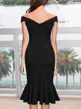 New Black Off Shoulder Ruffle Side Slits Backless Irregular Bodycon Mermaid Elegant Party Midi Dress