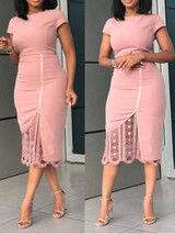 New Pink Patchwork Lace Zipper Bodycon Elegant Party Maxi Dress