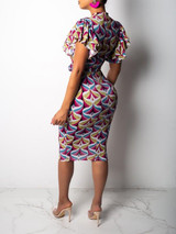 New Red-Yellow Floral Print Cascading Ruffle Belt Bodycon Elegant Party Midi Dress