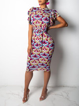 New Red-Yellow Floral Print Cascading Ruffle Belt Bodycon Elegant Party Midi Dress