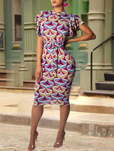 New Red-Yellow Floral Print Cascading Ruffle Belt Bodycon Elegant Party Midi Dress