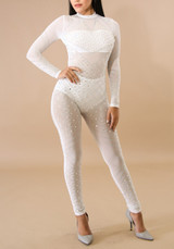 White Mosaic Rhinestone Zipper Bodycon High Waisted Clubwear Party Long Jumpsuit