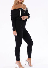 Black Drawstring Off Shoulder Lace-up High Waisted Bodycon Long Jumpsuit