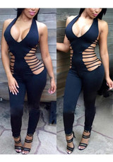 Black Cut Out Bodycon Deep V-neck Backless Clubwear Party Long Jumpsuit