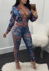 Blue Floral Print Zipper Bodycon Two Piece High Waisted Long Jumpsuit