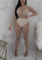 Apricot Beading Ruched Sheer Fishnet Bodycon Clubwear Party Long Jumpsuit