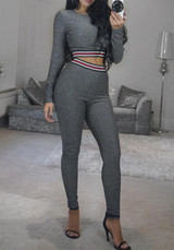 Grey Patchwork Two Piece Sparkly Elastic Waist Bodycon Party Long Jumpsuit