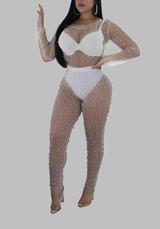 White Beading Ruched Sheer Fishnet Bodycon Clubwear Party Long Jumpsuit