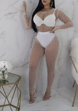 White Beading Ruched Sheer Fishnet Bodycon Clubwear Party Long Jumpsuit