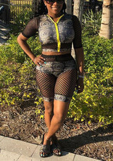 Grey Monogram Zipper Two Piece Bodycon Clubwear Party Fishnet Shorts Jumpsuit