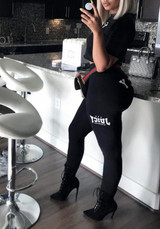 Black Monogram Print Belt Two Piece High Waisted Bodycon Sports Casual Long Jumpsuit