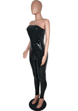 Black Bandeau Off Shoulder Backless PU-Leather Zipper Bodycon Fashion Long Jumpsuit