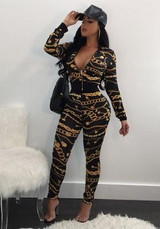 Black Chain Print Zipper Two Piece Bodycon High Waisted Long Jumpsuit