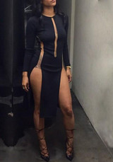 Black Plain Hollow-out Side Slit See-through Bodycon Clubwear Midi Dress