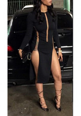 Black Plain Hollow-out Side Slit See-through Bodycon Clubwear Midi Dress