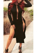 Black Plain Hollow-out Side Slit See-through Bodycon Clubwear Midi Dress