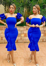 Royal Blue Ruffle Pleated Off Shoulder Bandeau Backless Bodycon Mermaid Party Midi Dress Royal Blue Ruffle Pleated Off Shoulder Bandeau Backless Bodycon Mermaid Party Midi Dress