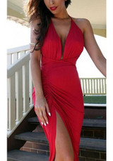 Red Backless Belt Ruched Side Slit Bodycon Deep V-neck Elegant Prom Maxi Dress