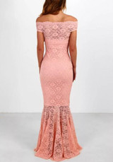 Pink Patchwork Lace Backless Bandeau Mermaid Bodycon Off Shoulder Sweet Bridesmaid Maxi Dress