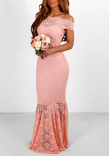 Pink Patchwork Lace Backless Bandeau Mermaid Bodycon Off Shoulder Sweet Bridesmaid Maxi Dress
