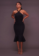 Black Ruffle Backless Halter Neck Bodycon Trumpet Party Maxi Dress