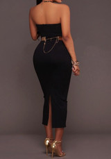 Black Plain Bandeau Hollow-out Boat Neck Off Shoulder Bodycon Pencil Maxi Dress