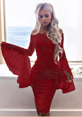 Red Lace Off-shoulder Backless Bodycon Flare Sleeve Elegant Party Midi Dress Red Lace Off-shoulder Backless Bodycon Flare Sleeve Elegant Party Midi Dress