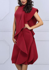 Burgundy Ruffle Slit Band Collar Sleeveless Bodycon Banquet Elegant Party Midi Dress Burgundy Ruffle Slit Band Collar Sleeveless Bodycon Banquet Elegant Party Midi Dress