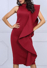 Burgundy Ruffle Slit Band Collar Sleeveless Bodycon Banquet Elegant Party Midi Dress Burgundy Ruffle Slit Band Collar Sleeveless Bodycon Banquet Elegant Party Midi Dress