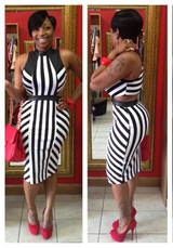 Black-White Striped Cut Out Bodycon Clubwear Band Collar Party Midi Dress