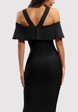 Black Ruffle Bodycon Halter Neck Backless Elegant Party Midi Dress