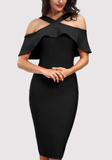 Black Ruffle Bodycon Halter Neck Backless Elegant Party Midi Dress