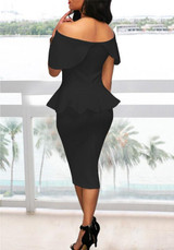 Black Pleated Off Shoulder Peplum Bodycon Elegant Church Banquet Party Midi Dress