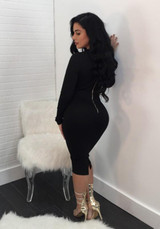 Black Patchwork Sequin Zipper Slit Bodycon Deep V-neck Party Midi Dress
