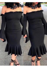 Black Ruffle Off Shoulder Backless Flare Sleeve Mermaid Bodycon Party Midi Dress Black Ruffle Off Shoulder Backless Flare Sleeve Mermaid Bodycon Party Midi Dress