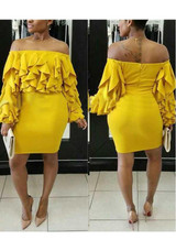 Yellow Ruffle Zipper Off Shoulder Backless Bodycon Party Midi Dress