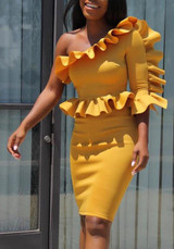 Yellow Ruffle Oblique Shoulder Peplum Falbala Bodycon Prom Evening Party Midi Dress