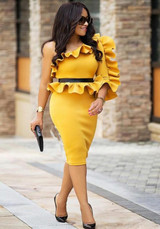Yellow Ruffle Oblique Shoulder Peplum Falbala Bodycon Prom Evening Party Midi Dress