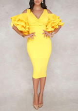 Yellow Cascading Ruffle Cut Out Sleeve High Waisted Bodycon Elegant Party Midi Dress