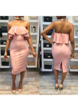 Pink Bandeau Zipper Ruffle Off Shoulder Off Shoulder Bodycon Midi Dress
