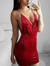 Red Velvet Plunge Spaghetti Strap Bodycon Mini Dress