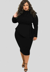Black Ruffle Bowknot Bodycon Peplum Plus Size Party Midi Dress