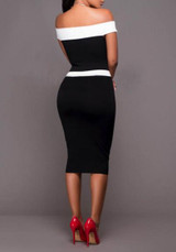 Black-White Patchwork Bandeau Boat Neck Off-shoulder Bodycon Prom Party Midi Dress Black-White Patchwork Bandeau Boat Neck Off-shoulder Bodycon Prom Party Midi Dress