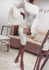 White Ruffle Petal Sleeve Round Neck Elegant Bodycon Prom Evening Party Midi Dress