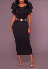 Black Ruffle Belt Chain Slit Bodycon Banquet Elegant Party Midi Dress Black Ruffle Belt Chain Slit Bodycon Banquet Elegant Party Midi Dress