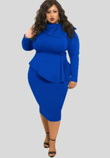 Blue Ruffle Bowknot Bodycon Peplum Plus Size Party Midi Dress
