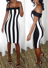 White-Black Striped Spaghetti Strap Boat Neck Off Shoulder Bodycon Midi Dress